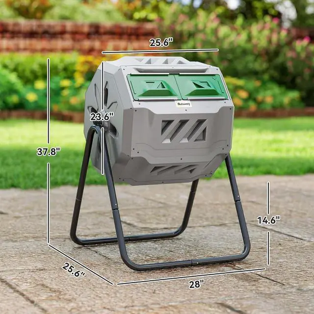 Alt view image 7 of 7 - Tumbling Compost Bin 360° Dual Chamber 43 Gallon, Light Gray | Outdoor, Rotating Composter