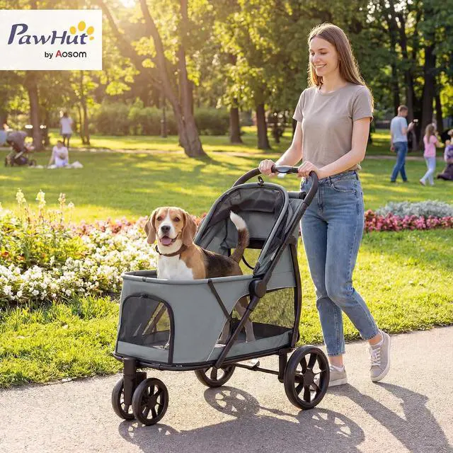 Alt view image 2 of 7 - PawHut 3 Wheel Pet Stroller for Medium Dogs Cats up to 44 lbs Gray | Dog Stroller, Dual Entry, Easy One-Click Quick Fold, All-Terrain Wagon Cart with Air Mesh, Washable Cushion