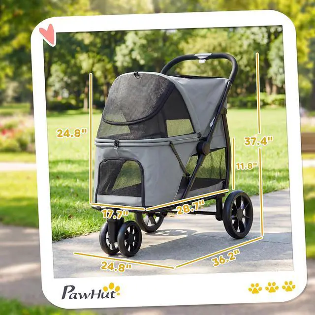 Alt view image 3 of 7 - PawHut 3 Wheel Pet Stroller for Medium Dogs Cats up to 44 lbs Gray | Dog Stroller, Dual Entry, Easy One-Click Quick Fold, All-Terrain Wagon Cart with Air Mesh, Washable Cushion