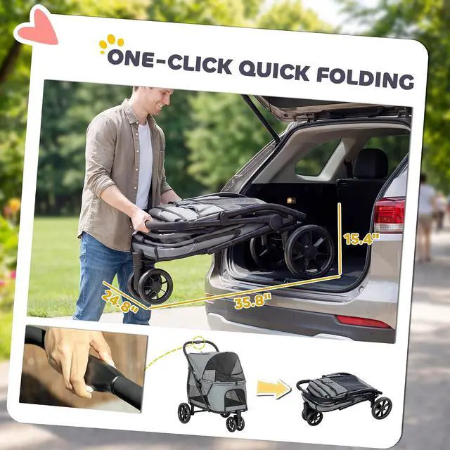 Alt view image 4 of 7 - PawHut 3 Wheel Pet Stroller for Medium Dogs Cats up to 44 lbs Gray | Dog Stroller, Dual Entry, Easy One-Click Quick Fold, All-Terrain Wagon Cart with Air Mesh, Washable Cushion