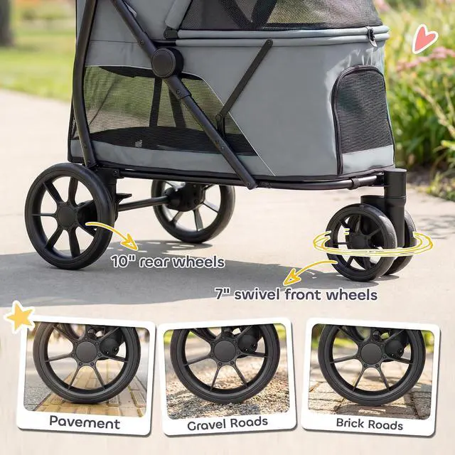 Alt view image 5 of 7 - PawHut 3 Wheel Pet Stroller for Medium Dogs Cats up to 44 lbs Gray | Dog Stroller, Dual Entry, Easy One-Click Quick Fold, All-Terrain Wagon Cart with Air Mesh, Washable Cushion