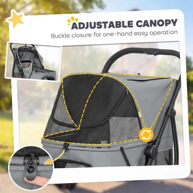 Alt view image 6 of 7 - PawHut 3 Wheel Pet Stroller for Medium Dogs Cats up to 44 lbs Gray | Dog Stroller, Dual Entry, Easy One-Click Quick Fold, All-Terrain Wagon Cart with Air Mesh, Washable Cushion