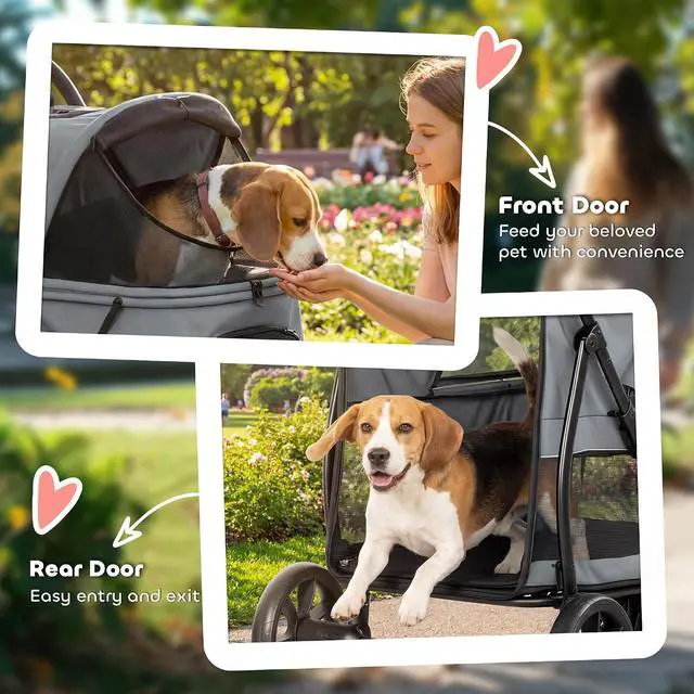 Alt view image 7 of 7 - PawHut 3 Wheel Pet Stroller for Medium Dogs Cats up to 44 lbs Gray | Dog Stroller, Dual Entry, Easy One-Click Quick Fold, All-Terrain Wagon Cart with Air Mesh, Washable Cushion