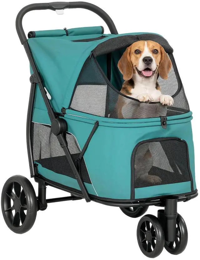 Main image of PawHut 3 Wheel Pet Stroller for Medium Dogs Cats up to 44 lbs Dark Green | Dog Stroller, Dual Entry, Easy One-Click Quick Fold, All-Terrain Wagon Cart with Air Mesh, Washable Cushion