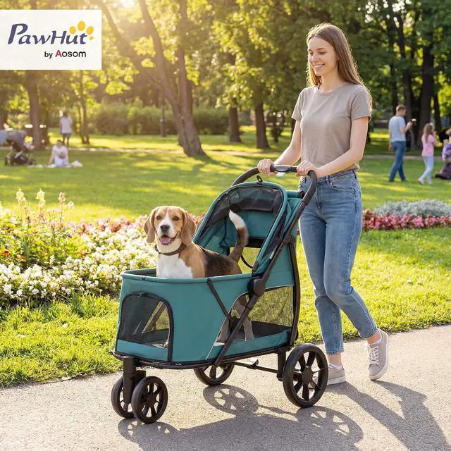 Alt view image 2 of 7 - PawHut 3 Wheel Pet Stroller for Medium Dogs Cats up to 44 lbs Dark Green | Dog Stroller, Dual Entry, Easy One-Click Quick Fold, All-Terrain Wagon Cart with Air Mesh, Washable Cushion