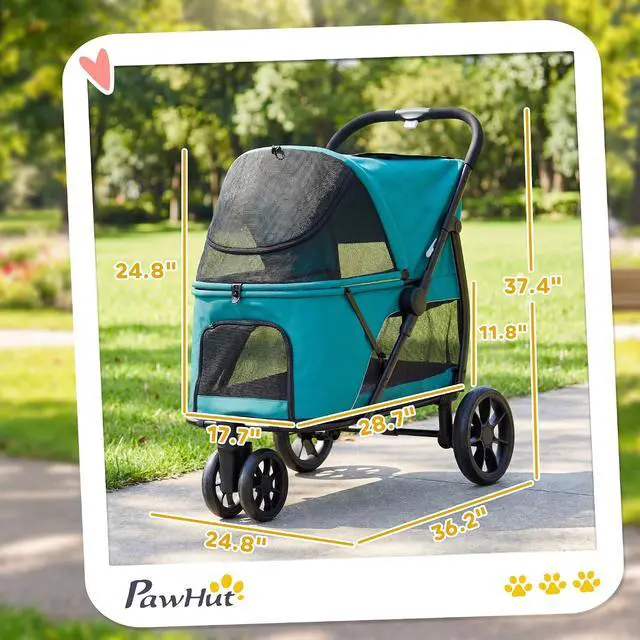 Alt view image 3 of 7 - PawHut 3 Wheel Pet Stroller for Medium Dogs Cats up to 44 lbs Dark Green | Dog Stroller, Dual Entry, Easy One-Click Quick Fold, All-Terrain Wagon Cart with Air Mesh, Washable Cushion