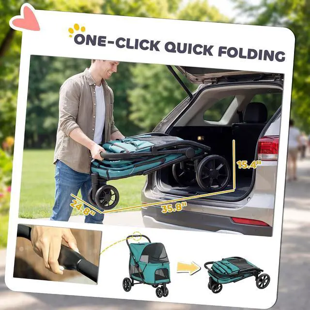 Alt view image 4 of 7 - PawHut 3 Wheel Pet Stroller for Medium Dogs Cats up to 44 lbs Dark Green | Dog Stroller, Dual Entry, Easy One-Click Quick Fold, All-Terrain Wagon Cart with Air Mesh, Washable Cushion