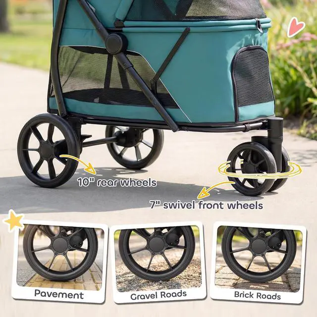 Alt view image 5 of 7 - PawHut 3 Wheel Pet Stroller for Medium Dogs Cats up to 44 lbs Dark Green | Dog Stroller, Dual Entry, Easy One-Click Quick Fold, All-Terrain Wagon Cart with Air Mesh, Washable Cushion