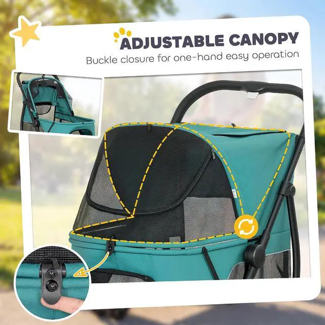 Alt view image 6 of 7 - PawHut 3 Wheel Pet Stroller for Medium Dogs Cats up to 44 lbs Dark Green | Dog Stroller, Dual Entry, Easy One-Click Quick Fold, All-Terrain Wagon Cart with Air Mesh, Washable Cushion