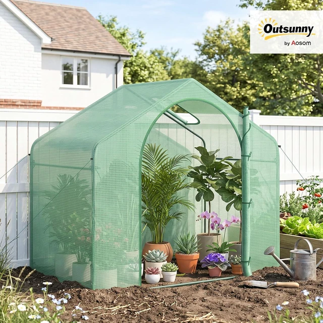 Alt view image 2 of 7 - 6' x 3' x 5' Portable Walk-in Greenhouse with PE Cover Green | Steel Frame Garden Hot House, Zipper Door, Top Vent, for Flowers, Vegetables, Saplings, Tropical Plants