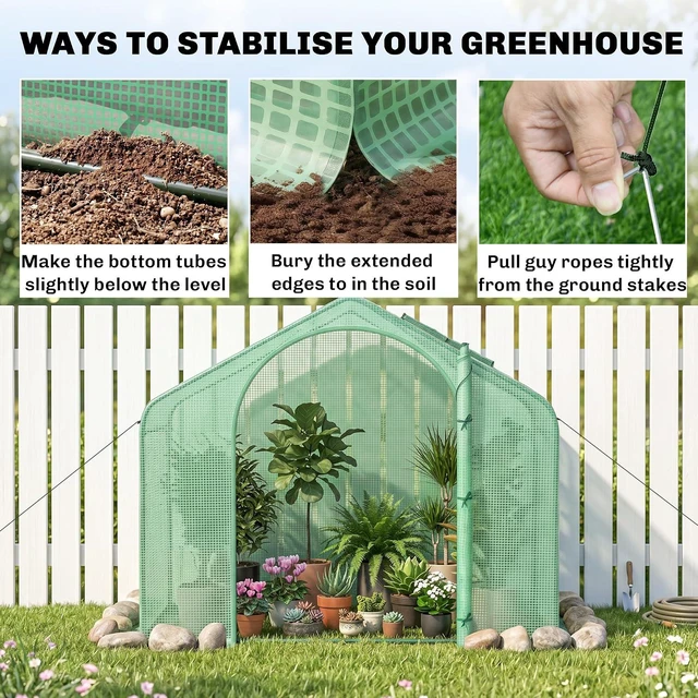 Alt view image 5 of 7 - 6' x 3' x 5' Portable Walk-in Greenhouse with PE Cover Green | Steel Frame Garden Hot House, Zipper Door, Top Vent, for Flowers, Vegetables, Saplings, Tropical Plants