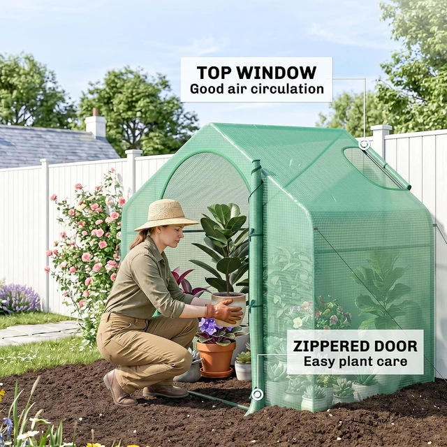 Alt view image 4 of 7 - 6' x 3' x 5' Portable Walk-in Greenhouse with PE Cover Green | Steel Frame Garden Hot House, Zipper Door, Top Vent, for Flowers, Vegetables, Saplings, Tropical Plants
