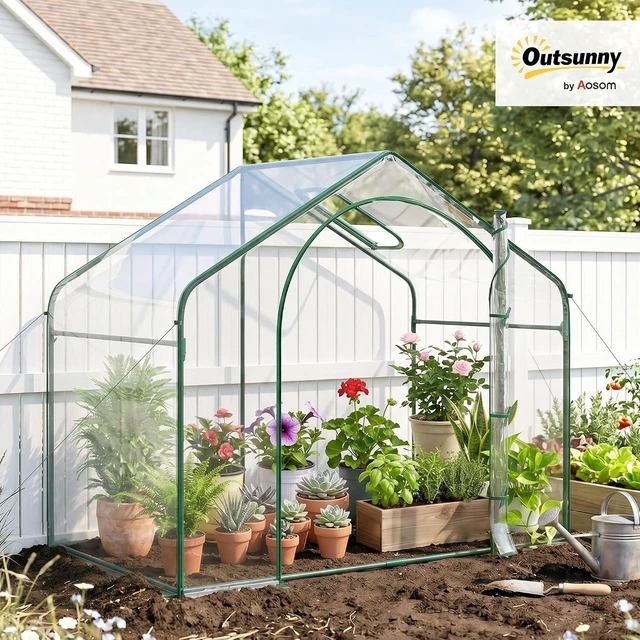 Alt view image 2 of 7 - 6' x 3' x 5' Portable Walk-in Greenhouse with Plastic Cover Clear | Steel Frame Garden Hot House, Zipper Door, Top Vent, for Flowers, Vegetables, Saplings, Tropical Plants
