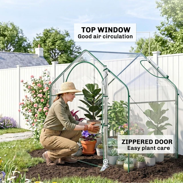 Alt view image 4 of 7 - 6' x 3' x 5' Portable Walk-in Greenhouse with Plastic Cover Clear | Steel Frame Garden Hot House, Zipper Door, Top Vent, for Flowers, Vegetables, Saplings, Tropical Plants