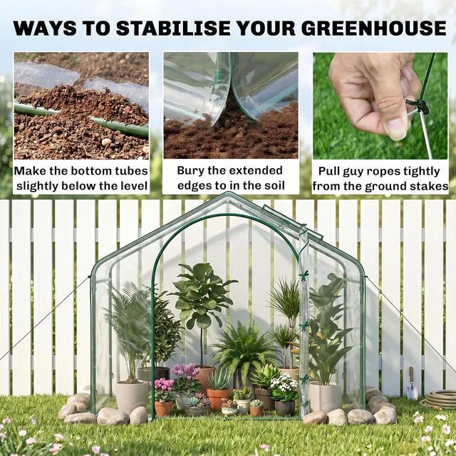 Alt view image 5 of 7 - 6' x 3' x 5' Portable Walk-in Greenhouse with Plastic Cover Clear | Steel Frame Garden Hot House, Zipper Door, Top Vent, for Flowers, Vegetables, Saplings, Tropical Plants