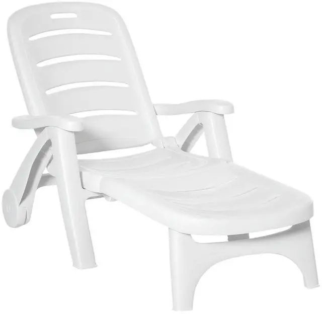 Main image of Outdoor Chaise Lounge 5-Level Adjustable Backrest Wheels White | Lounge Chair, Folding Tanning Chair, for Pool, Beach, Patio, Garden