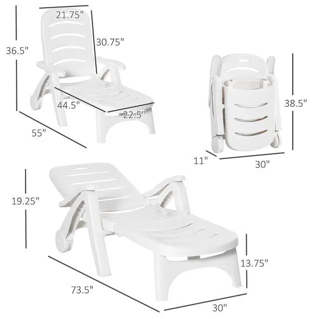 Alt view image 3 of 7 - Outdoor Chaise Lounge 5-Level Adjustable Backrest Wheels White | Lounge Chair, Folding Tanning Chair, for Pool, Beach, Patio, Garden