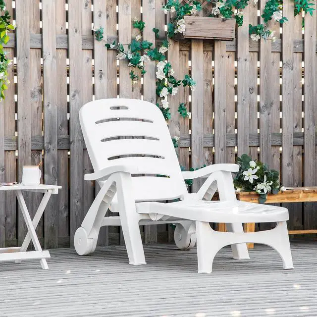 Alt view image 2 of 7 - Outdoor Chaise Lounge 5-Level Adjustable Backrest Wheels White | Lounge Chair, Folding Tanning Chair, for Pool, Beach, Patio, Garden