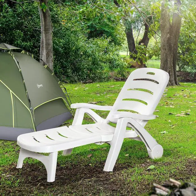 Alt view image 4 of 7 - Outdoor Chaise Lounge 5-Level Adjustable Backrest Wheels White | Lounge Chair, Folding Tanning Chair, for Pool, Beach, Patio, Garden