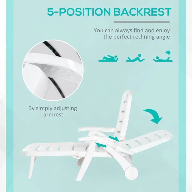 Alt view image 6 of 7 - Outdoor Chaise Lounge 5-Level Adjustable Backrest Wheels White | Lounge Chair, Folding Tanning Chair, for Pool, Beach, Patio, Garden