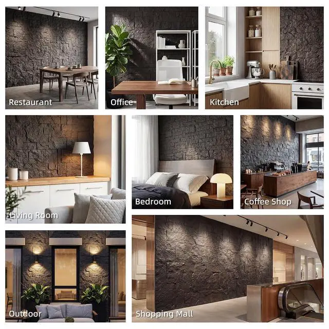 Alt view image 6 of 7 - 8-Pack 3D Faux Stone Wall Panels Water-Resistant 4' x 2' Black | Lightweight Polyurethane Panels, for Interior and Exterior Accent Walls, Cover 61.8 Sq.Ft., 1" Thick