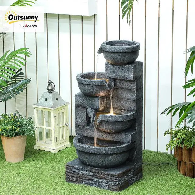 Alt view image 2 of 7 - 30" Tall Outdoor Waterfall Fountain with LED Lights, 4-Tier, Gray | Resin Cascading Water Bowls, with Pump