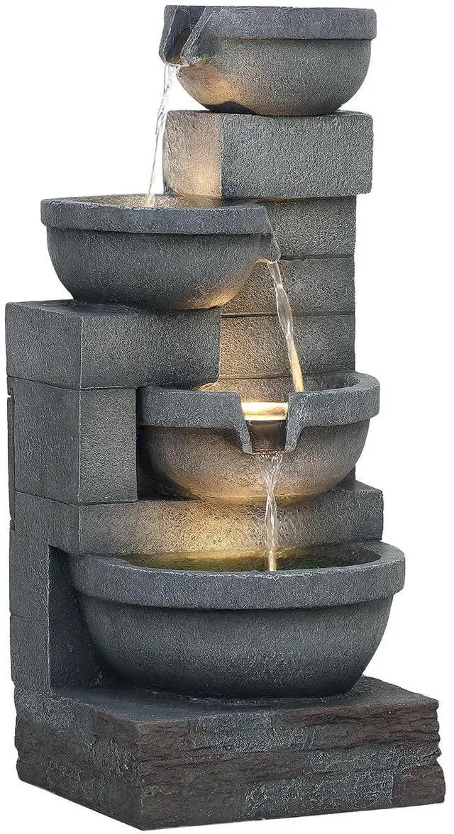 Main image of 30" Tall Outdoor Waterfall Fountain with LED Lights, 4-Tier, Gray | Resin Cascading Water Bowls, with Pump