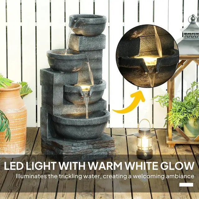 Alt view image 3 of 7 - 30" Tall Outdoor Waterfall Fountain with LED Lights, 4-Tier, Gray | Resin Cascading Water Bowls, with Pump