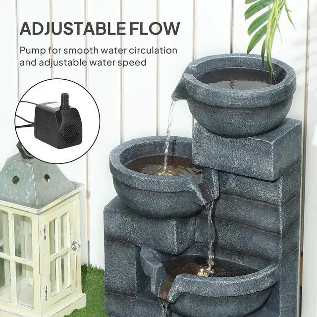 Alt view image 4 of 7 - 30" Tall Outdoor Waterfall Fountain with LED Lights, 4-Tier, Gray | Resin Cascading Water Bowls, with Pump