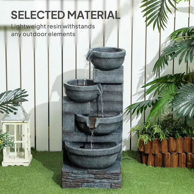 Alt view image 6 of 7 - 30" Tall Outdoor Waterfall Fountain with LED Lights, 4-Tier, Gray | Resin Cascading Water Bowls, with Pump
