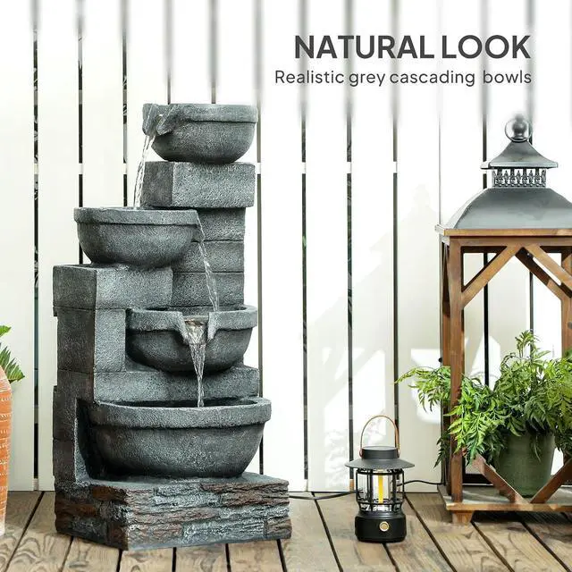Alt view image 5 of 7 - 30" Tall Outdoor Waterfall Fountain with LED Lights, 4-Tier, Gray | Resin Cascading Water Bowls, with Pump