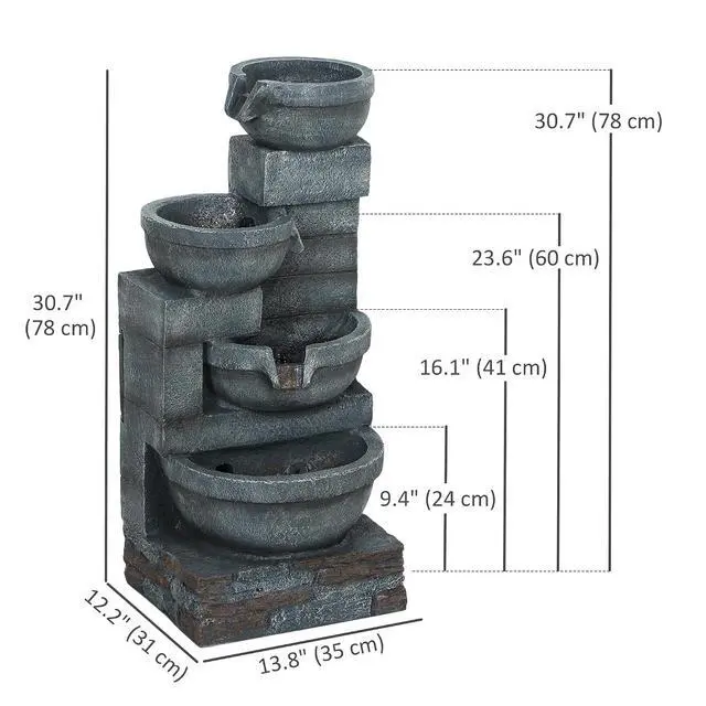 Alt view image 7 of 7 - 30" Tall Outdoor Waterfall Fountain with LED Lights, 4-Tier, Gray | Resin Cascading Water Bowls, with Pump