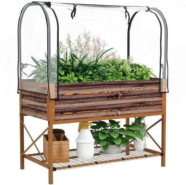 Main image of Raised Garden Bed with Cover and Storage Shelf, Dark Brown | Rectangular Metal Elevated Planter Box with Legs, Bed Liner, for Vegetables, Flowers, Herbs