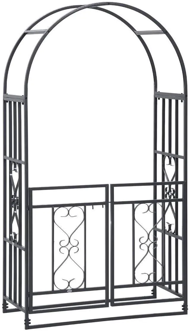 Main image of 81" Metal Garden Arbor with Double Doors Locking Gate Arch Grey | Climbing Vine Frame with Heart Motifs, Wedding, Bridal Party Decoration