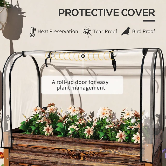 Alt view image 3 of 7 - Raised Garden Bed with Cover and Storage Shelf, Dark Brown | Rectangular Metal Elevated Planter Box with Legs, Bed Liner, for Vegetables, Flowers, Herbs