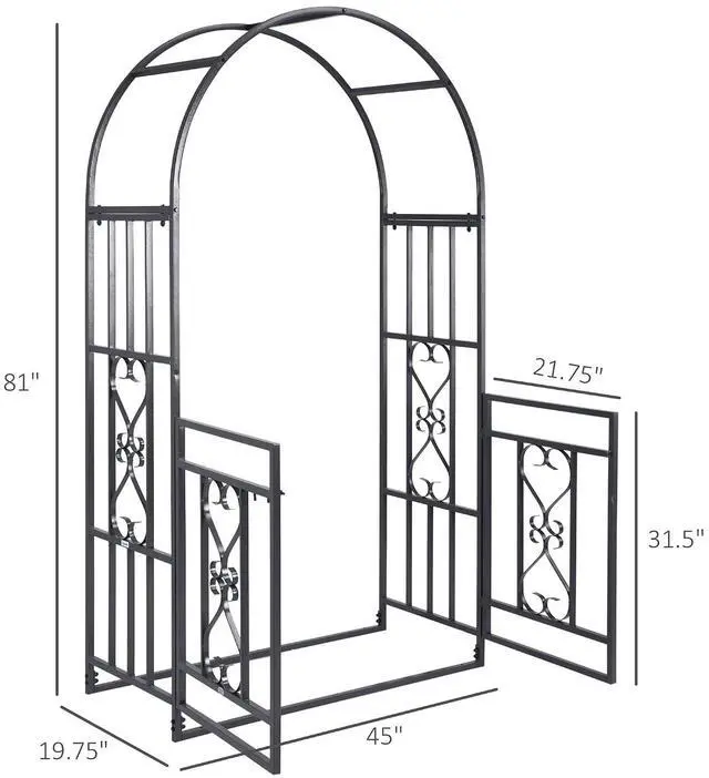 Alt view image 7 of 7 - 81" Metal Garden Arbor with Double Doors Locking Gate Arch Grey | Climbing Vine Frame with Heart Motifs, Wedding, Bridal Party Decoration