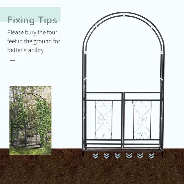 Alt view image 4 of 7 - 81" Metal Garden Arbor with Double Doors Locking Gate Arch Grey | Climbing Vine Frame with Heart Motifs, Wedding, Bridal Party Decoration