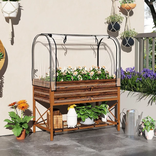 Alt view image 2 of 7 - Raised Garden Bed with Cover and Storage Shelf, Dark Brown | Rectangular Metal Elevated Planter Box with Legs, Bed Liner, for Vegetables, Flowers, Herbs