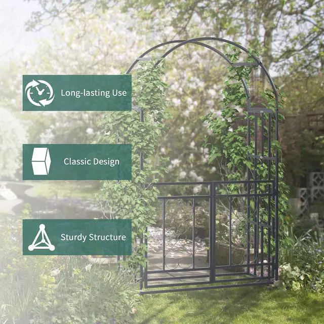Alt view image 5 of 7 - 81" Metal Garden Arbor with Double Doors Locking Gate Arch Grey | Climbing Vine Frame with Heart Motifs, Wedding, Bridal Party Decoration