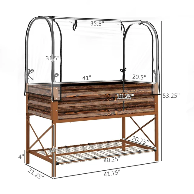 Alt view image 7 of 7 - Raised Garden Bed with Cover and Storage Shelf, Dark Brown | Rectangular Metal Elevated Planter Box with Legs, Bed Liner, for Vegetables, Flowers, Herbs