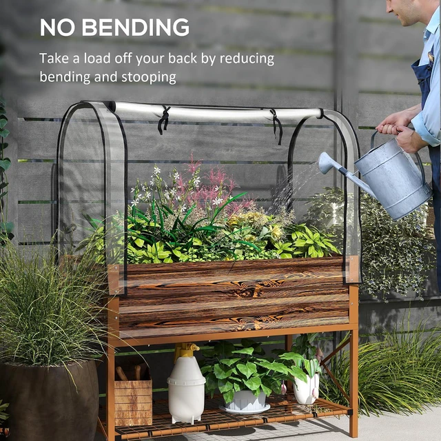 Alt view image 6 of 7 - Raised Garden Bed with Cover and Storage Shelf, Dark Brown | Rectangular Metal Elevated Planter Box with Legs, Bed Liner, for Vegetables, Flowers, Herbs