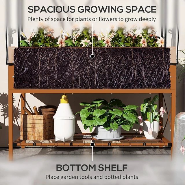 Alt view image 4 of 7 - Raised Garden Bed with Cover and Storage Shelf, Dark Brown | Rectangular Metal Elevated Planter Box with Legs, Bed Liner, for Vegetables, Flowers, Herbs
