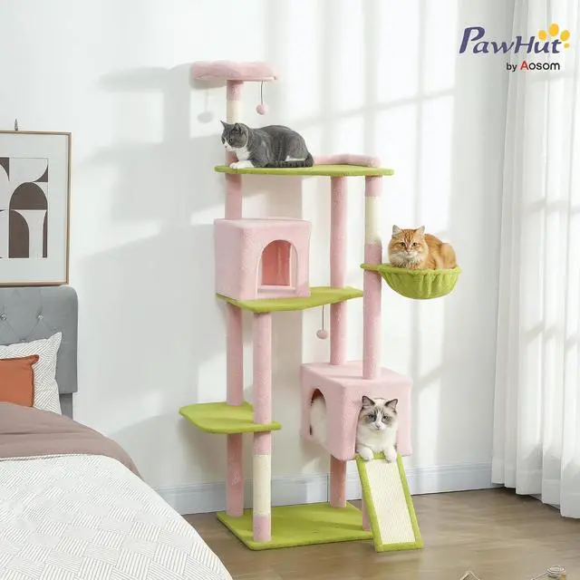 Alt view image 2 of 7 - PawHut Flower Cat Tree, 74" Large Cat Tower, Indoor Kittens Pink | 2 Spacious Condos, Sisal Scratching Posts, 2 Hanging Balls, Perches, Ramp, Bed