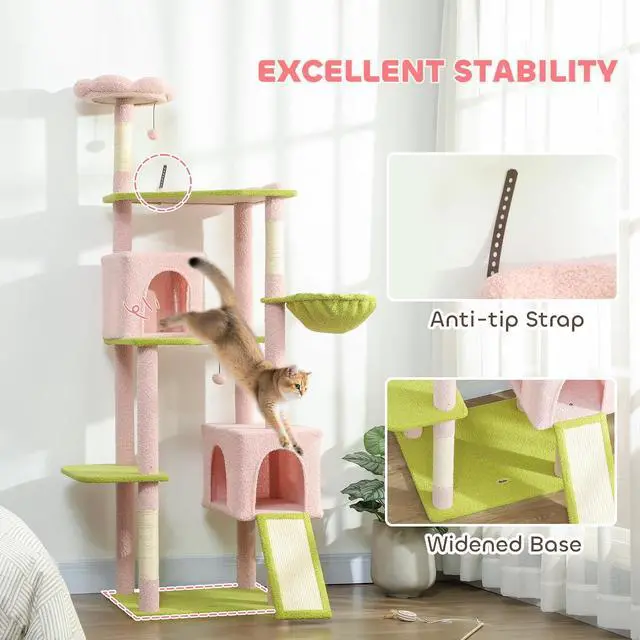 Alt view image 6 of 7 - PawHut Flower Cat Tree, 74" Large Cat Tower, Indoor Kittens Pink | 2 Spacious Condos, Sisal Scratching Posts, 2 Hanging Balls, Perches, Ramp, Bed