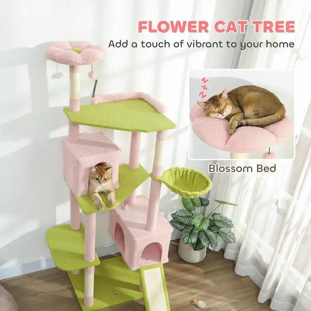Alt view image 3 of 7 - PawHut Flower Cat Tree, 74" Large Cat Tower, Indoor Kittens Pink | 2 Spacious Condos, Sisal Scratching Posts, 2 Hanging Balls, Perches, Ramp, Bed