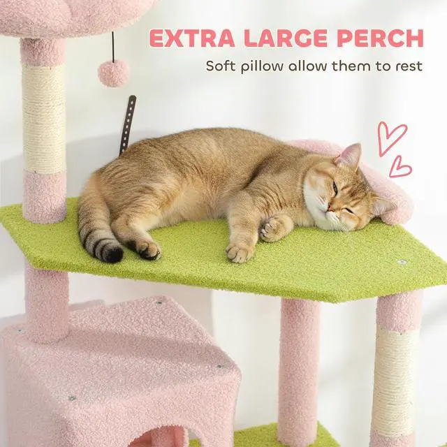 Alt view image 4 of 7 - PawHut Flower Cat Tree, 74" Large Cat Tower, Indoor Kittens Pink | 2 Spacious Condos, Sisal Scratching Posts, 2 Hanging Balls, Perches, Ramp, Bed