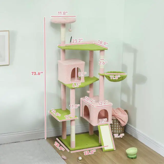 Alt view image 7 of 7 - PawHut Flower Cat Tree, 74" Large Cat Tower, Indoor Kittens Pink | 2 Spacious Condos, Sisal Scratching Posts, 2 Hanging Balls, Perches, Ramp, Bed