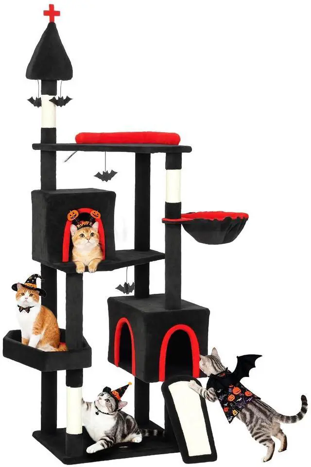 Main image of PawHut Gothic Cat Tree 78" Extra Tall Cat Tower, Indoor Kittens, Black&Red | 2 Spacious Condos, Sisal Scratching Posts, 4 Bat Hanging Balls, Comfy Hammock, Ramp, Bed