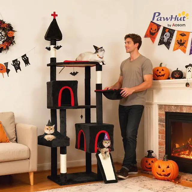 Alt view image 2 of 7 - PawHut Gothic Cat Tree 78" Extra Tall Cat Tower, Indoor Kittens, Black&Red | 2 Spacious Condos, Sisal Scratching Posts, 4 Bat Hanging Balls, Comfy Hammock, Ramp, Bed