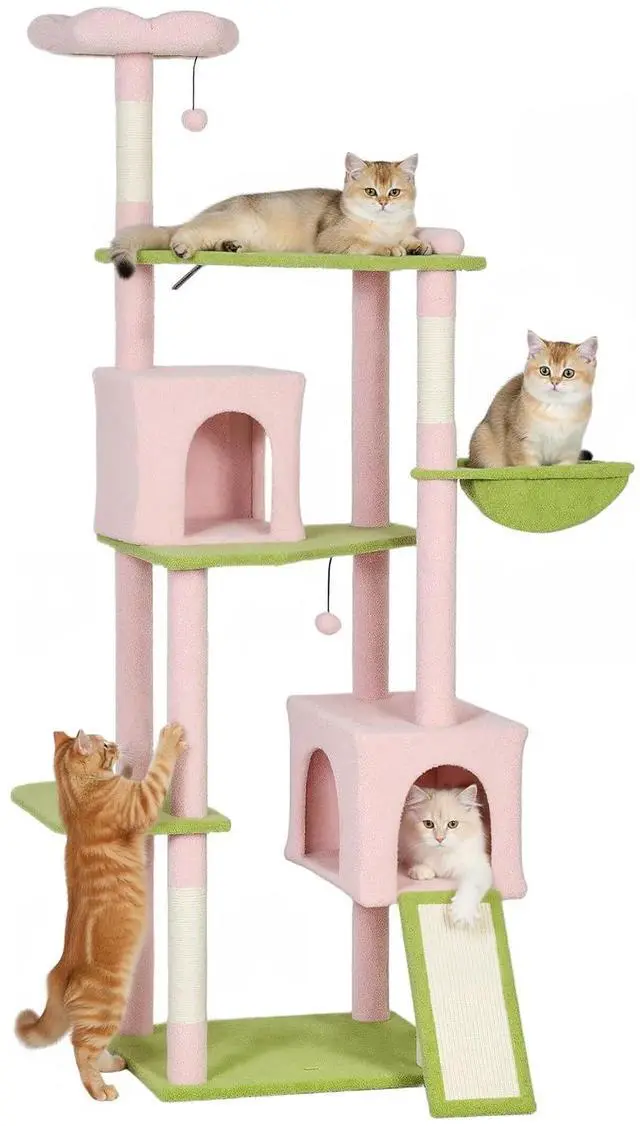 Main image of PawHut Flower Cat Tree, 74" Large Cat Tower, Indoor Kittens Pink | 2 Spacious Condos, Sisal Scratching Posts, 2 Hanging Balls, Perches, Ramp, Bed